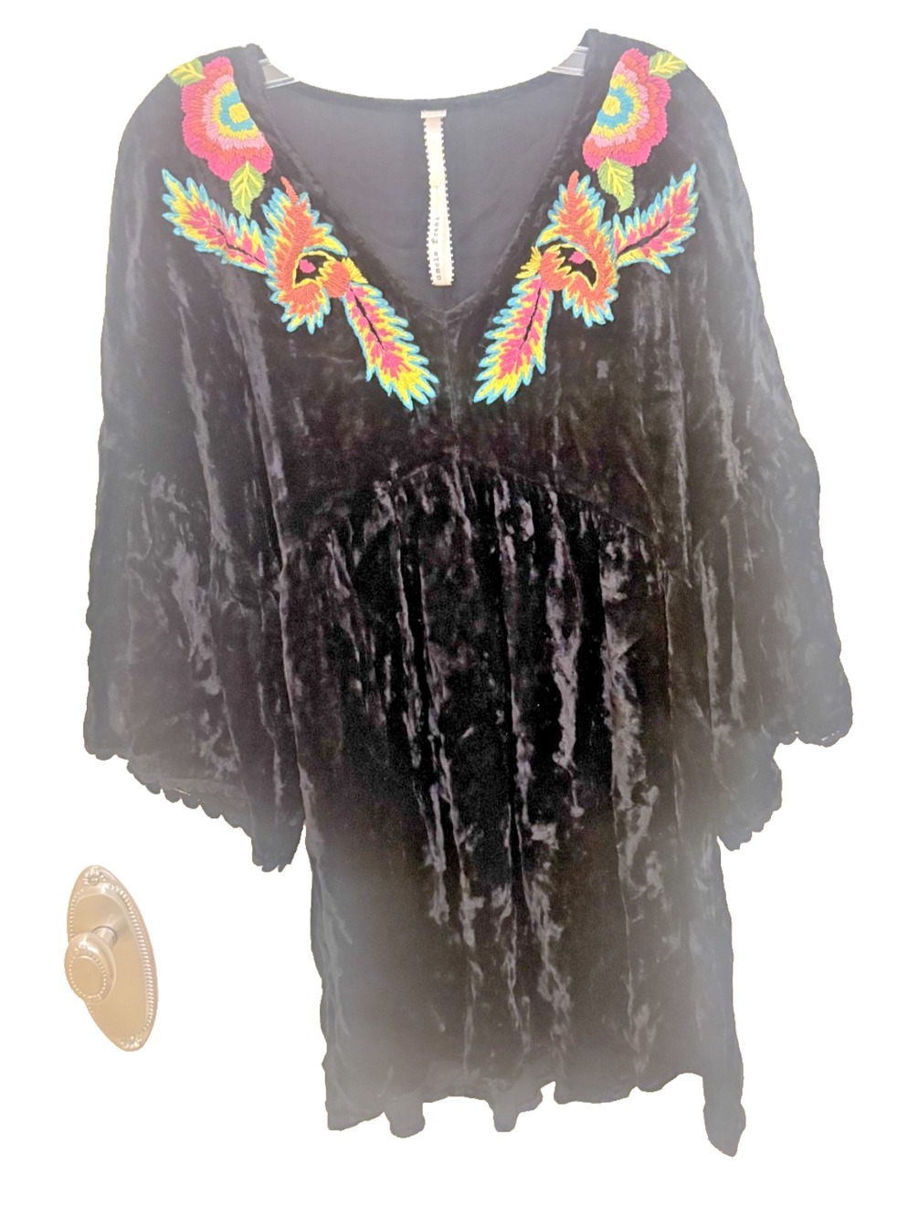 Uncle Frank Portrail Neckline Velvet Black Dress Size M Embroidered Flowers